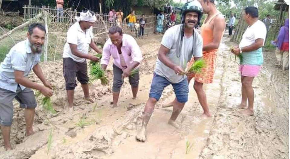 गाडी गुड्ने सडक हिलाे भएपछि  स्थानीयले राेपे धान